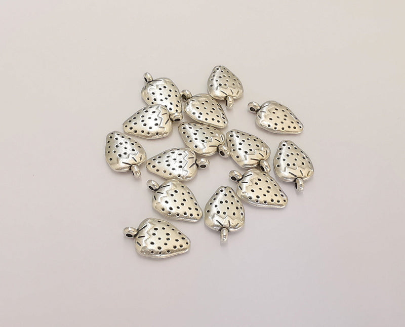 10 Strawberry Charms Double Sided Antique Silver Plated Charms (14x9mm)  G21860