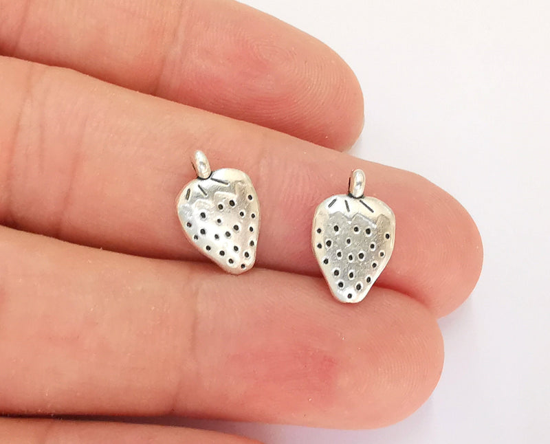 10 Strawberry Charms Double Sided Antique Silver Plated Charms (14x9mm)  G21860