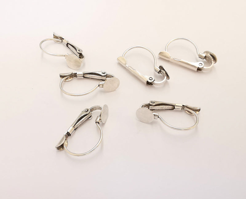4 Silver Earring Hook with Claps 4 Pcs (2 pairs) Blank Setting Earring Wire Brass Findings (20mm) (6mm blank)  G21862