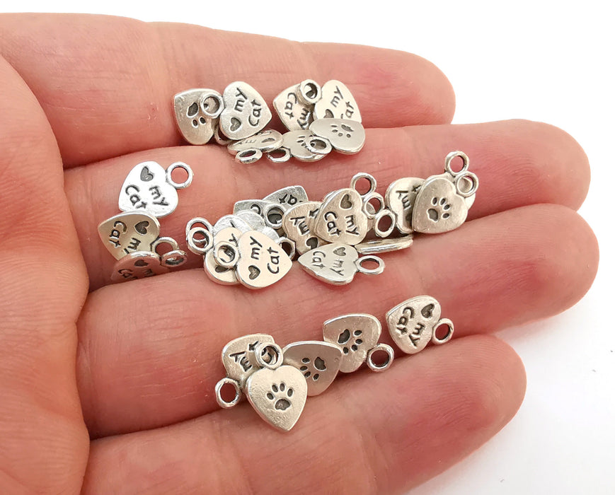 20 Heart My Cat Double Sided (both sides are different) Charms Antique Silver Plated Charms (12x8mm) G21579