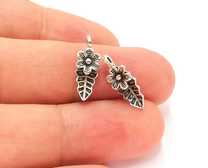 2 Sterling Silver Leaf Flower Charms 925 Silver Charms (17x6mm) EG21946