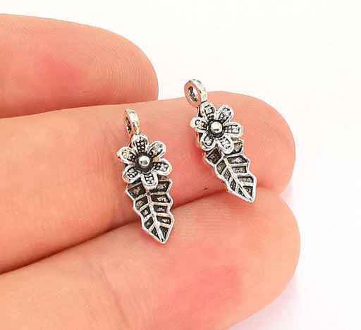 2 Sterling Silver Leaf Flower Charms 925 Silver Charms (17x6mm) EG21946