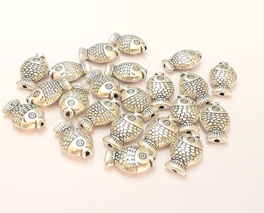 10 Fish Charms Double Sided Antique Silver Plated Charms (12x8mm)  G21953