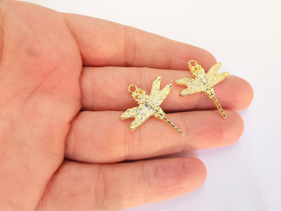 2 Dragonfly Charms 24k Shiny Gold Charms (31x28mm)  G21963