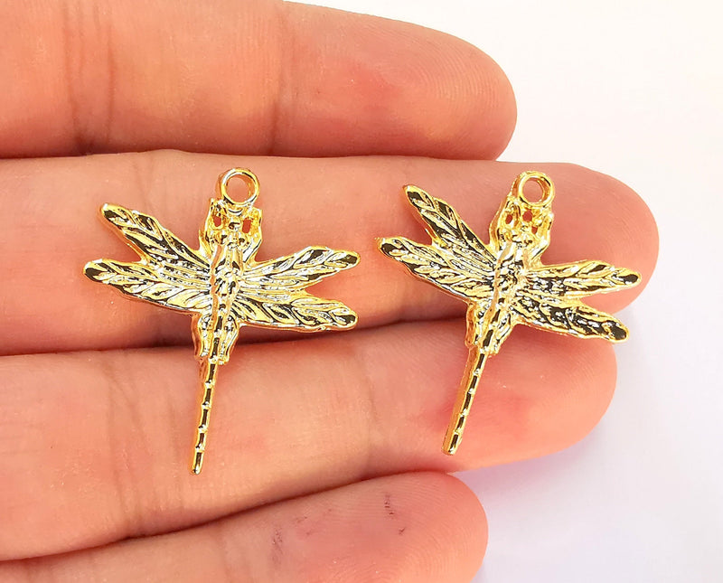 2 Dragonfly Charms 24k Shiny Gold Charms (31x28mm)  G21963