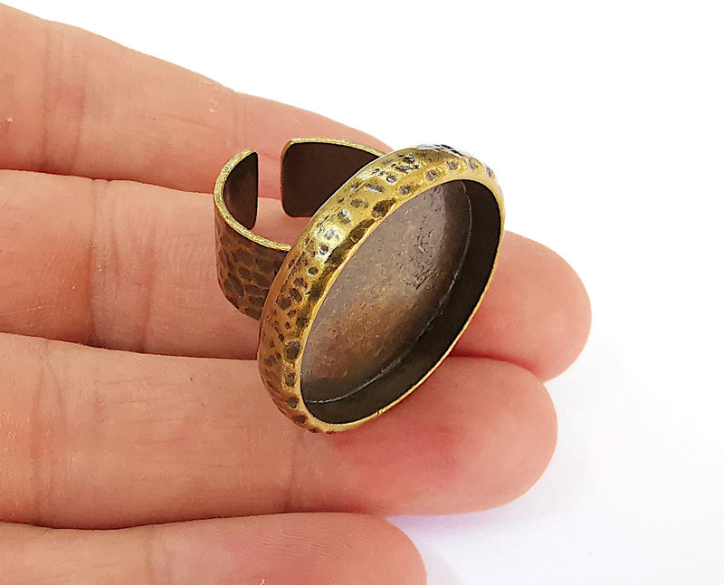 Hammered Ring Blank Setting Cabochon Base inlay Ring Backs Mounting Adjustable Ring Bezel (25mm blank) Antique Bronze Plated G21599
