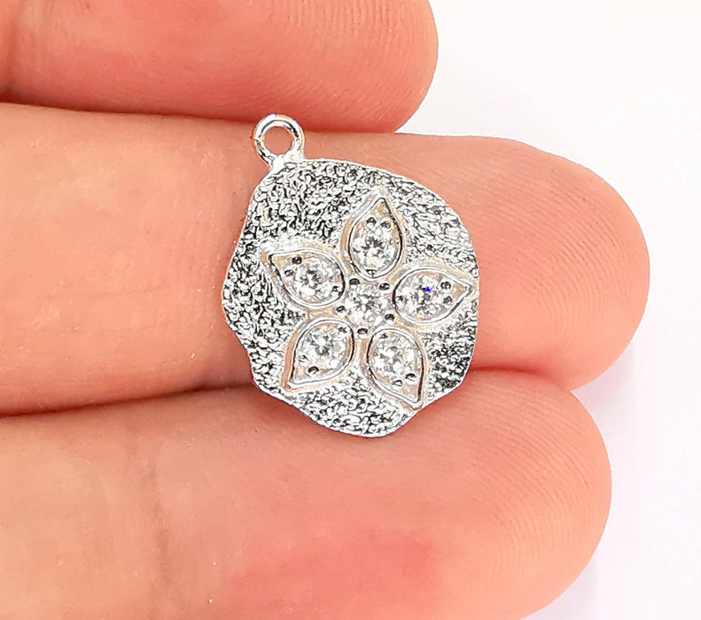 Sterling Silver Flower Charms 925 Silver Pendant with Cubic Zirconia stone , Charms (20x15mm) AG22005