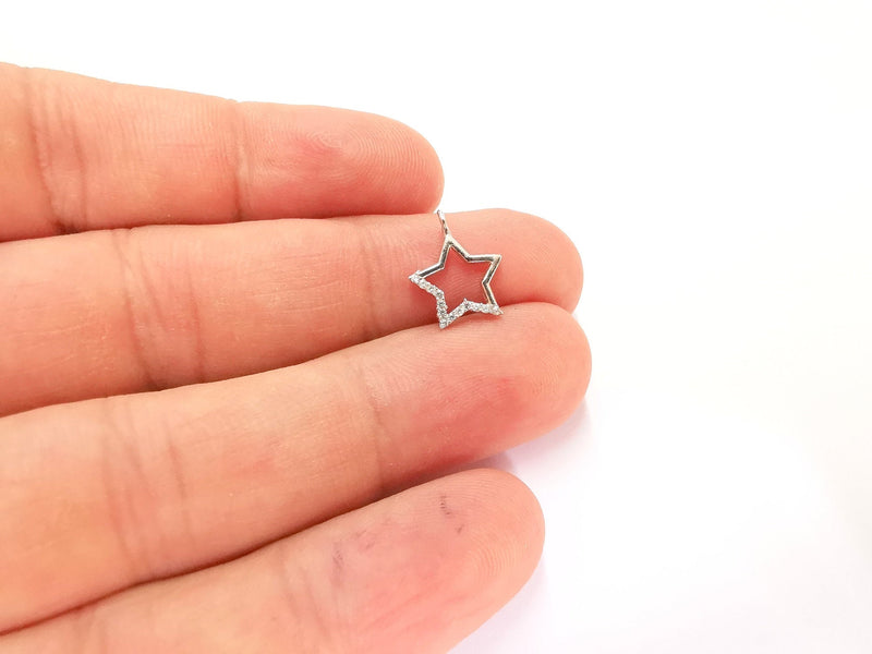 2 Sterling Silver Star Charms 925 Silver Charms with Cubic Zirconia stone (14x11mm) AG22012
