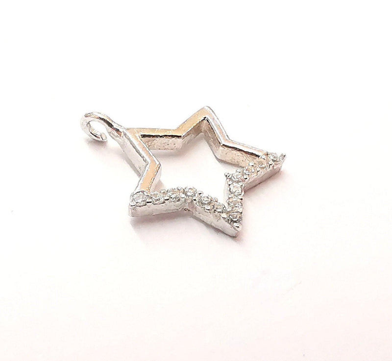 2 Sterling Silver Star Charms 925 Silver Charms with Cubic Zirconia stone (14x11mm) AG22012