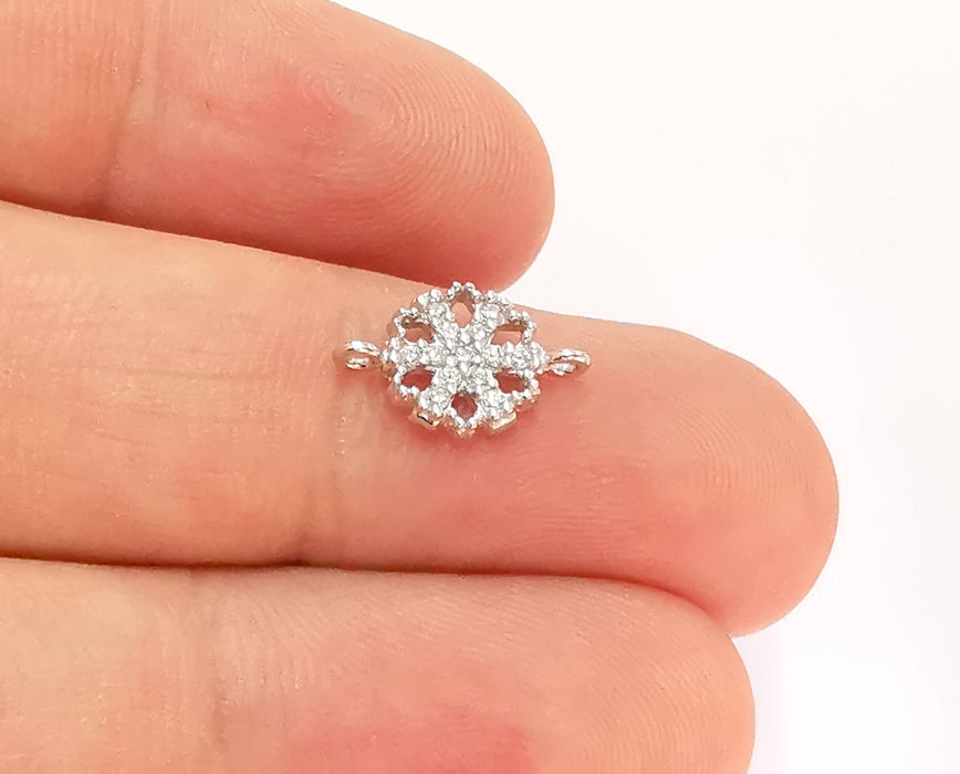 2 Sterling Silver Snowflake Connector Charms 925 Silver Charms with Cubic Zirconia stone (13x8mm) AG22018