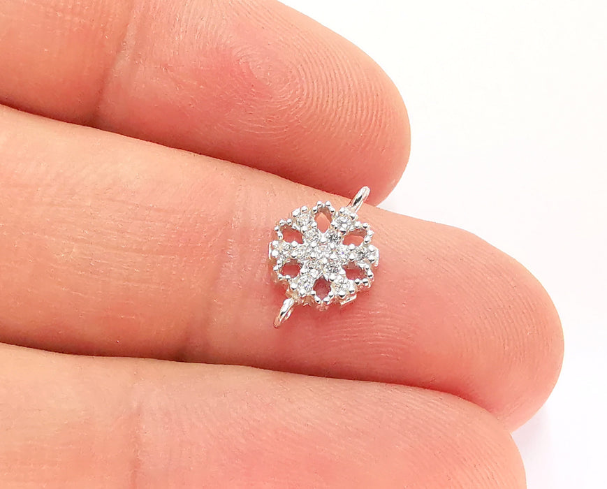 2 Sterling Silver Snowflake Connector Charms 925 Silver Charms with Cubic Zirconia stone (13x8mm) AG22018