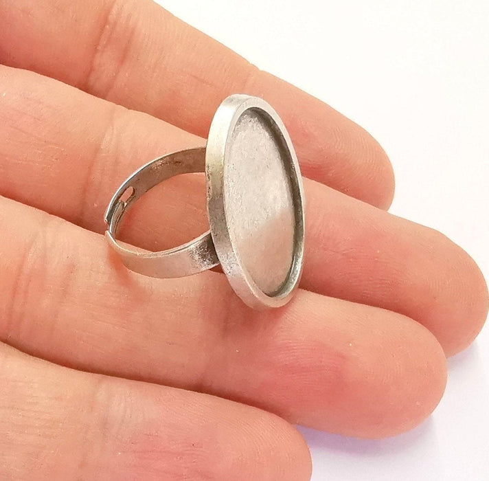 Silver Ring Setting Blank Cabochon Base Ring Mounting Adjustable Ring Base Bezel (25x18mm) Antique Silver Plated  G22055