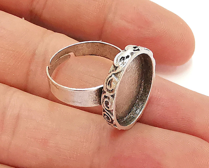 Ring Blank Setting Textured Ring Base Bezel inlay Ring Backs Glass Cabochon Mounting Adjustable Antique Silver Plated (18x15mm blank) G22088