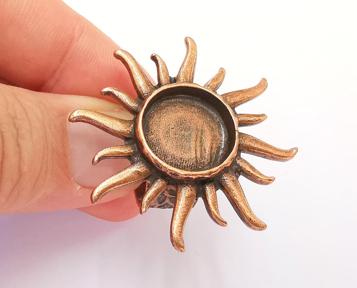 Sun Ring Blank Setting Textured Base Bezel inlay Ring Backs Glass Cabochon Mounting Adjustable Antique Copper Plated (16mm bezel ) G22094