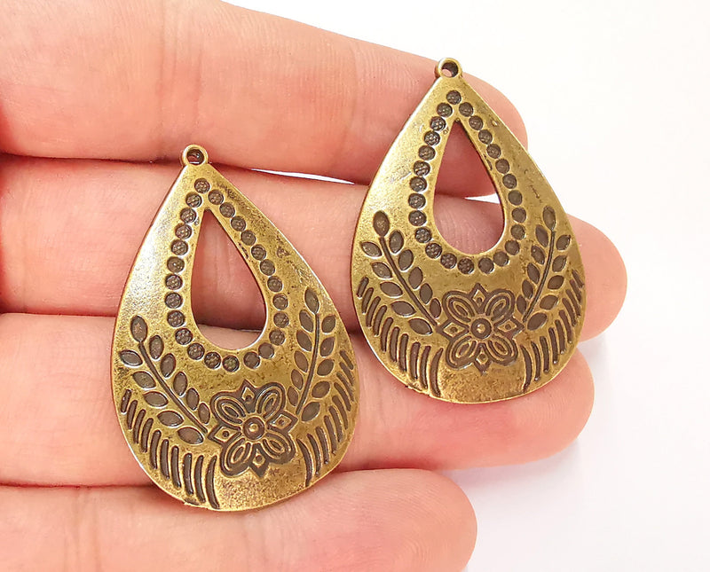 2 Drop Flower Charms Antique Bronze Plated Charms (42x28mm) G22784