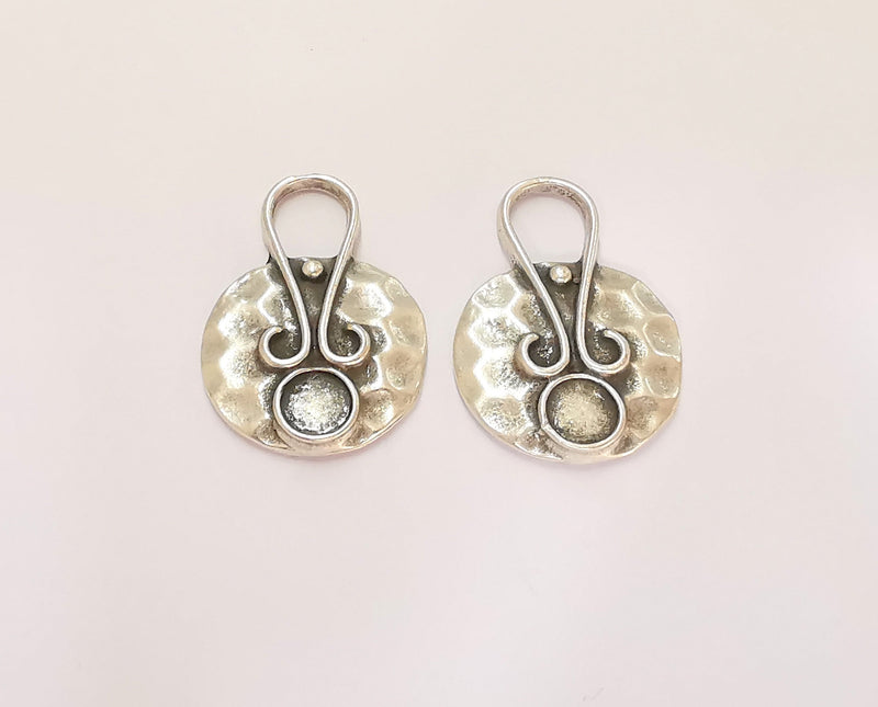 2 Silver Charms Blank Bezel Resin Bezel Mosaic Mountings Antique Silver Plated Charms (29x20mm) ( 6mm Bezel Inner Size)  G22165