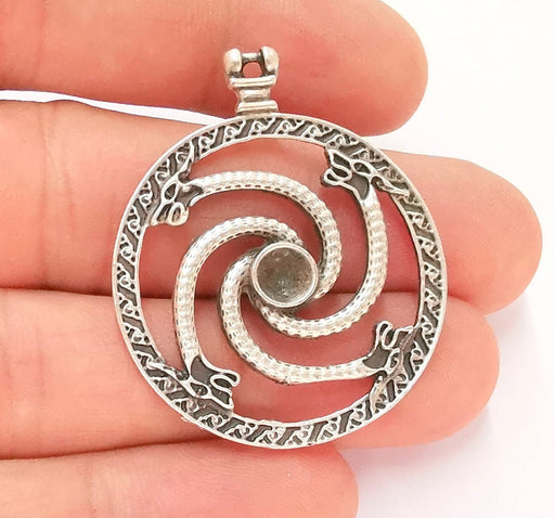 2 Silver Snake Charms Blank Bezel Resin Bezel Mosaic Mountings Antique Silver Plated Charms (40x33mm) ( 6mm Bezel Inner Size)  G22167