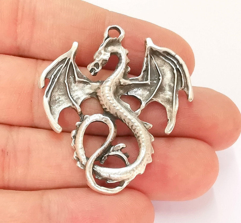 2 Dragon Charms Antique Silver Plated Charms (45x40mm)  G22172