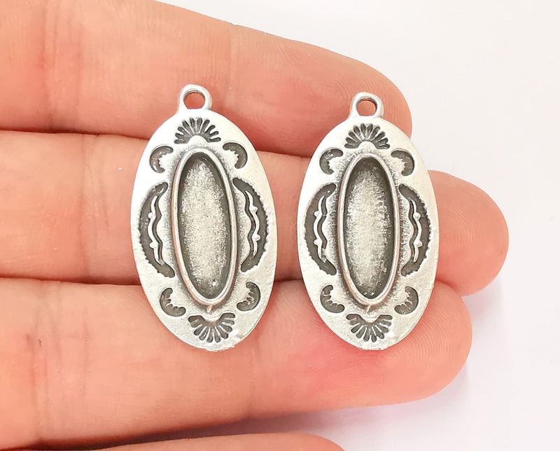 2 Silver Charms Blank Bezel Resin Bezel Mosaic Mountings Antique Silver Plated Charms (33x17mm) (18x6mm Oval Bezel Inner Size)  G22174