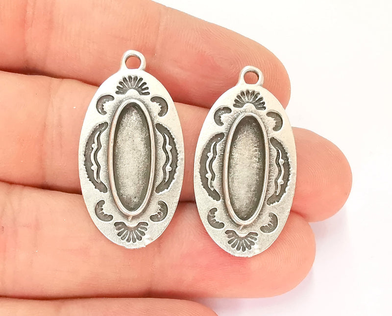 2 Silver Charms Blank Bezel Resin Bezel Mosaic Mountings Antique Silver Plated Charms (33x17mm) (18x6mm Oval Bezel Inner Size)  G22174