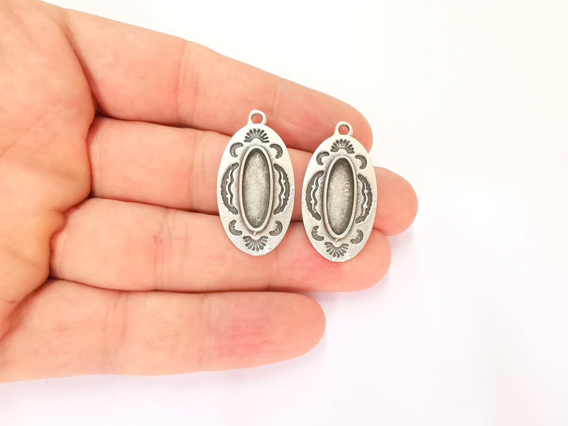 2 Silver Charms Blank Bezel Resin Bezel Mosaic Mountings Antique Silver Plated Charms (33x17mm) (18x6mm Oval Bezel Inner Size)  G22174