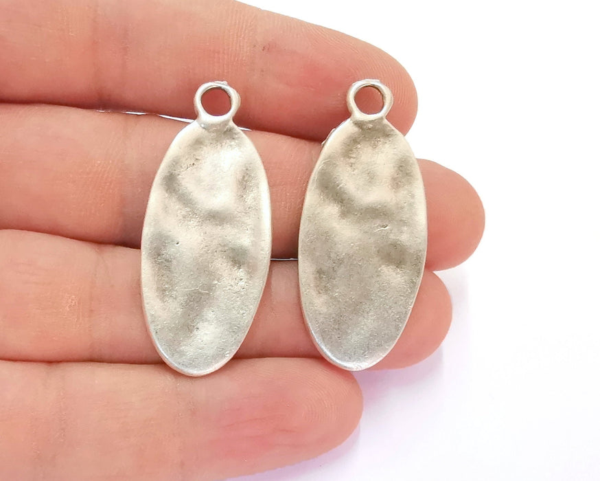 2 Hammered Oval Charms Antique Silver Plated Charms (43x19mm) G22243