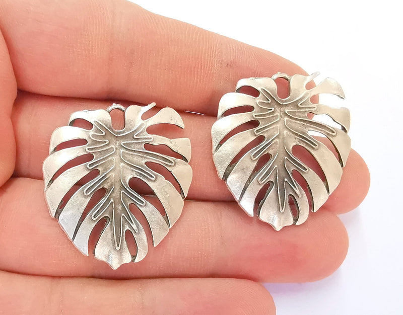 2 Monstera Leaf Charms Antique Silver Plated Charms (33x32mm) G22246