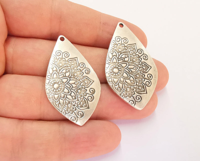 2 Flower Charms Antique Silver Plated Charms (40x24mm) G22265