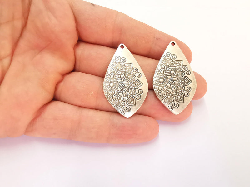 2 Flower Charms Antique Silver Plated Charms (40x24mm) G22265