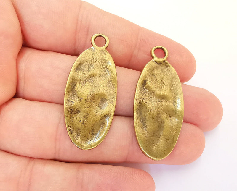 2 Hammered Oval Charms Antique Bronze Plated Charms (43x19mm) G22279