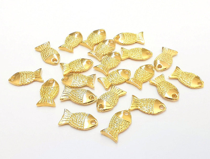 10 Shiny Gold Fish (Double Sided) Charms 24k Shiny Gold Charms (12x7mm)  G22296