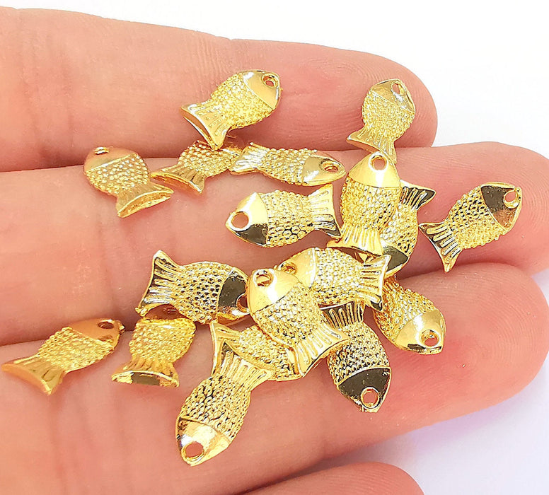 10 Shiny Gold Fish (Double Sided) Charms 24k Shiny Gold Charms (12x7mm)  G22296