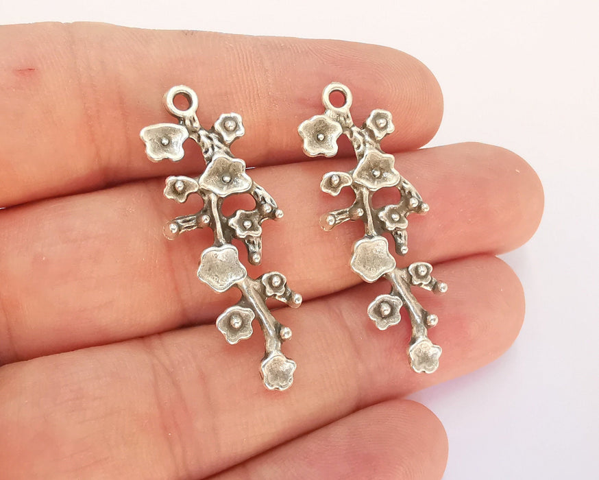 4 Flower Branch Charms Antique Silver Plated Charms (40x15mm) G21709