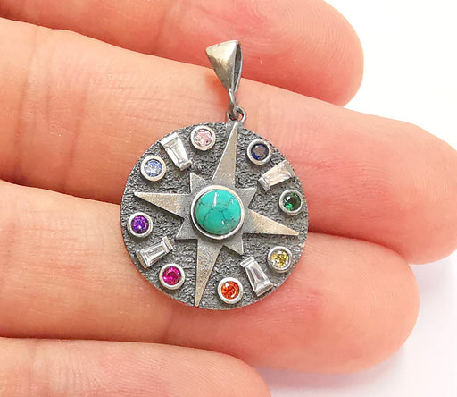 Sterling Silver Star Pendant 925 Oxidized Silver Pendant with Turquoise and Colored stones , Charms (32x21mm) ARG21708