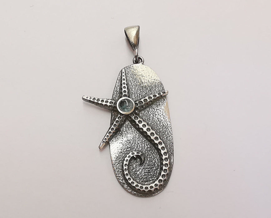 Sterling Silver Starfish Pendant 925 Oxidized Silver Pendant with Aquamarine Stones , Charms (40x19mm) ARG21709