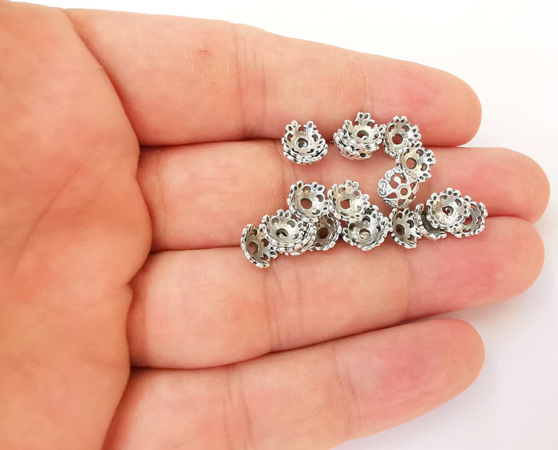 20 Flower Bead Caps Antique Silver Plated Bead Caps , Findings  (8mm)  G22323