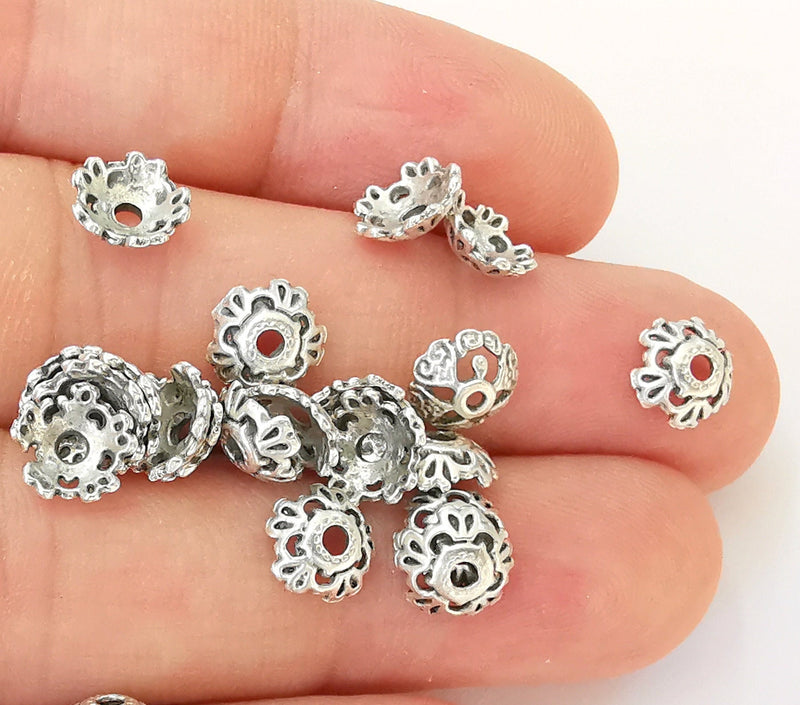 20 Flower Bead Caps Antique Silver Plated Bead Caps , Findings  (8mm)  G22323