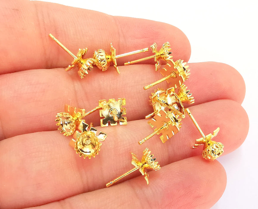 6 Gold Earring Wire Pointed Back Cabachons Bezel (6 pcs - 3 pairs) 24k Shiny Gold Brass, Cone Shape Blank (5mm blank) G22342