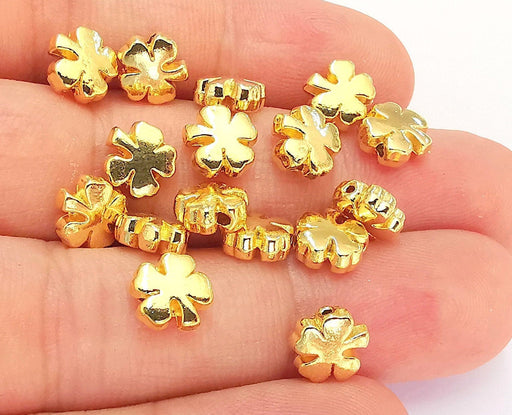 5 Four Leaf Clover Charms 24K Shiny Gold Plated Beads (8mm)  G22351