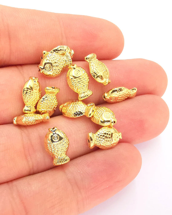 5 Shiny Gold Fish (Double Sided) Charms 24k Shiny Gold Charms (12x7mm)  G22366