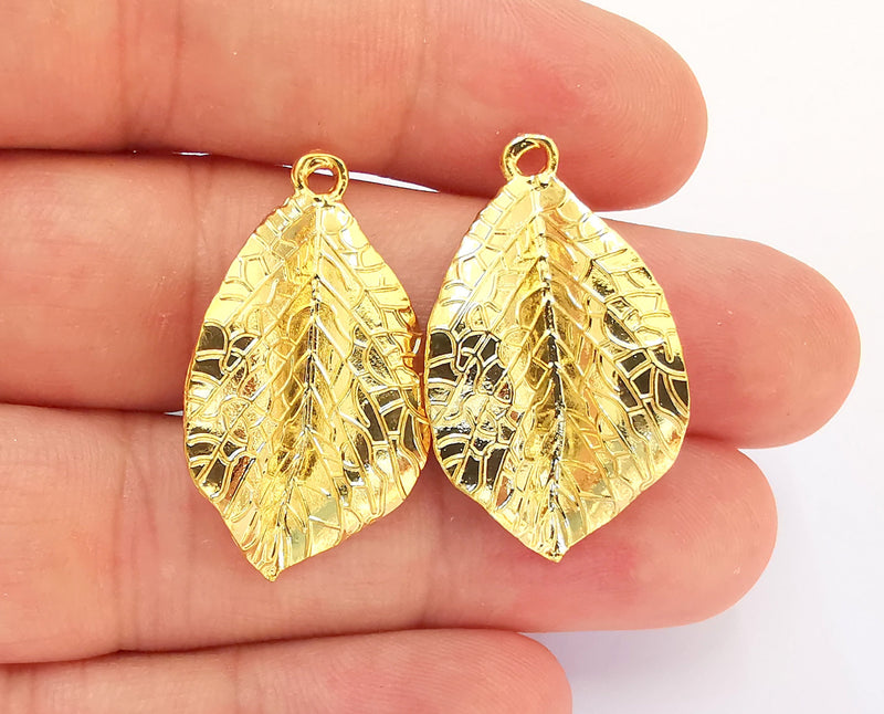 2 Leaf Charms Shiny Gold Plated Charms (34x19mm)  G22370