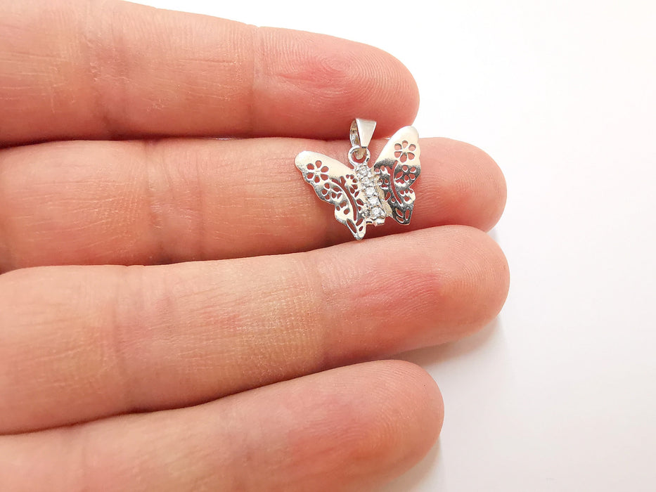 Sterling Silver Butterfly Pendant 925 Silver Charms , Zircon Butterfly Charms (18mm) EG21741