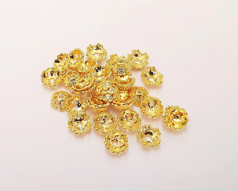 20 Flower Bead Caps Findings 24K Shiny Gold Plated Findings (8mm) G22380