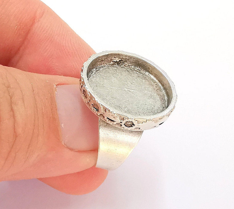 Ring Blank Setting Textured Ring Base Bezel inlay Ring Backs Glass Cabochon Mounting Adjustable Antique Silver Plated (17mm bezel) G22382