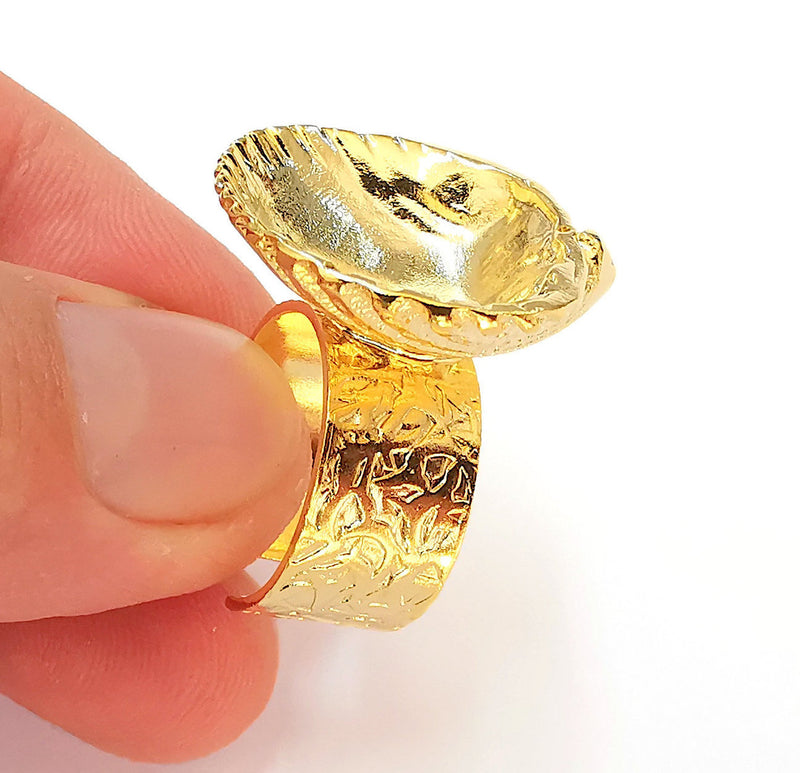 Oyster Shell Ring Settings Blank inlay Ring Mosaic Ring Bezel Resin Adjustable (24x18mm blank ) 24K Shiny Gold Plated Ring G22375