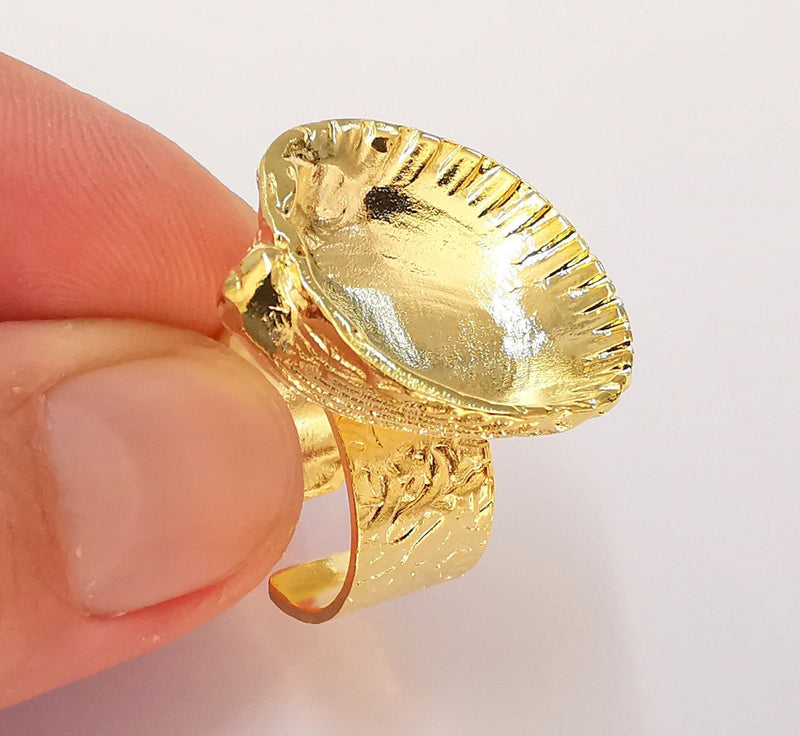 Oyster Shell Ring Settings Blank inlay Ring Mosaic Ring Bezel Resin Adjustable (24x18mm blank ) 24K Shiny Gold Plated Ring G22375