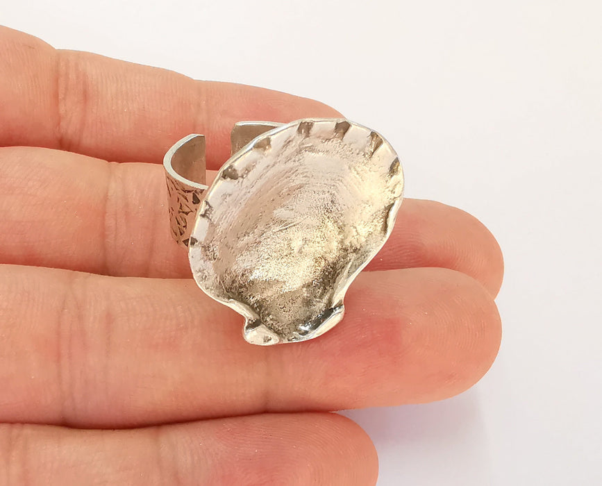 Oyster Shell Ring Blank Base Setting Resin Bezel inlay Ring Backs Mounting Adjustable Ring Base (29x26mm blank) Antique Silver Plated G22395