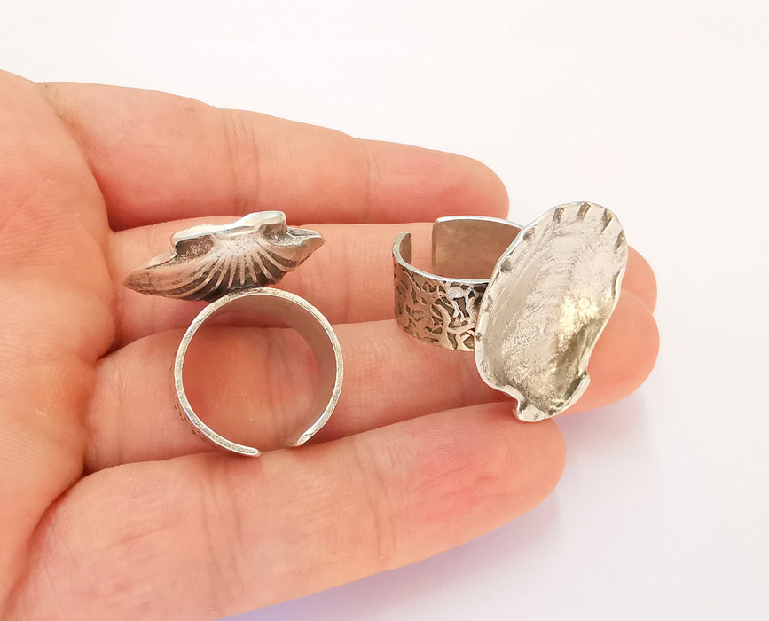 Oyster Shell Ring Blank Base Setting Resin Bezel inlay Ring Backs Mounting Adjustable Ring Base (29x26mm blank) Antique Silver Plated G22395