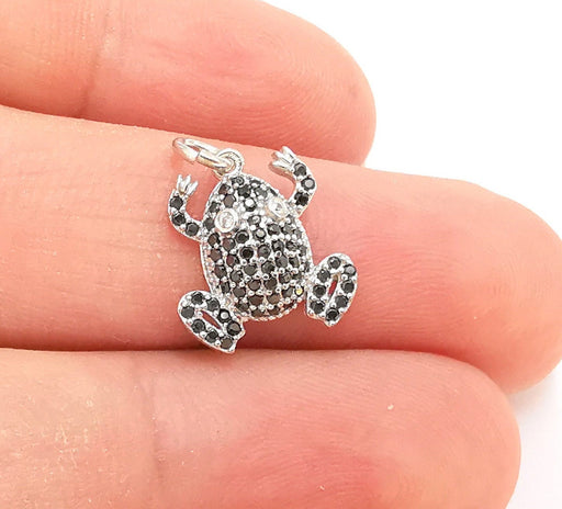 Sterling Silver Frog Charms with Black Stones 925 Silver Charms , Pendant (17x14mm) AG21782