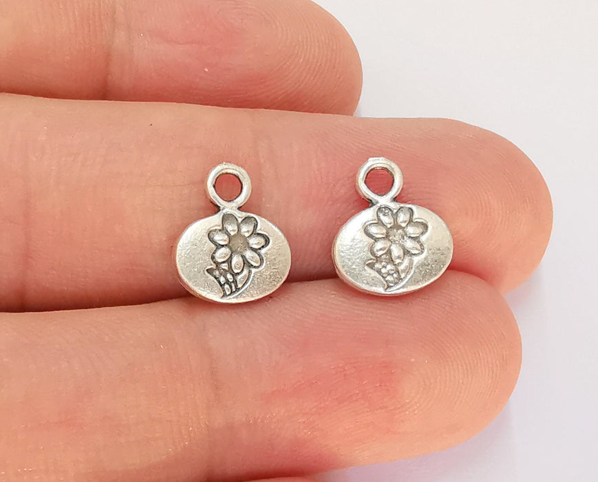 10 Flower Charms (Double Sided) Antique Silver Plated Charms (12x11mm) G22407